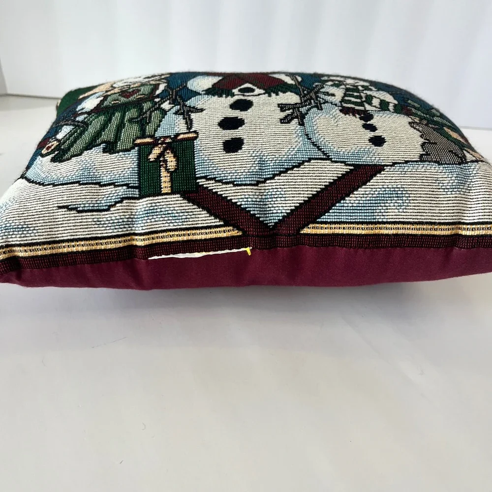 VTG Seasons Greetings Snowman Family Tapestry Throw Pillow‎ Holiday Decor 12x9